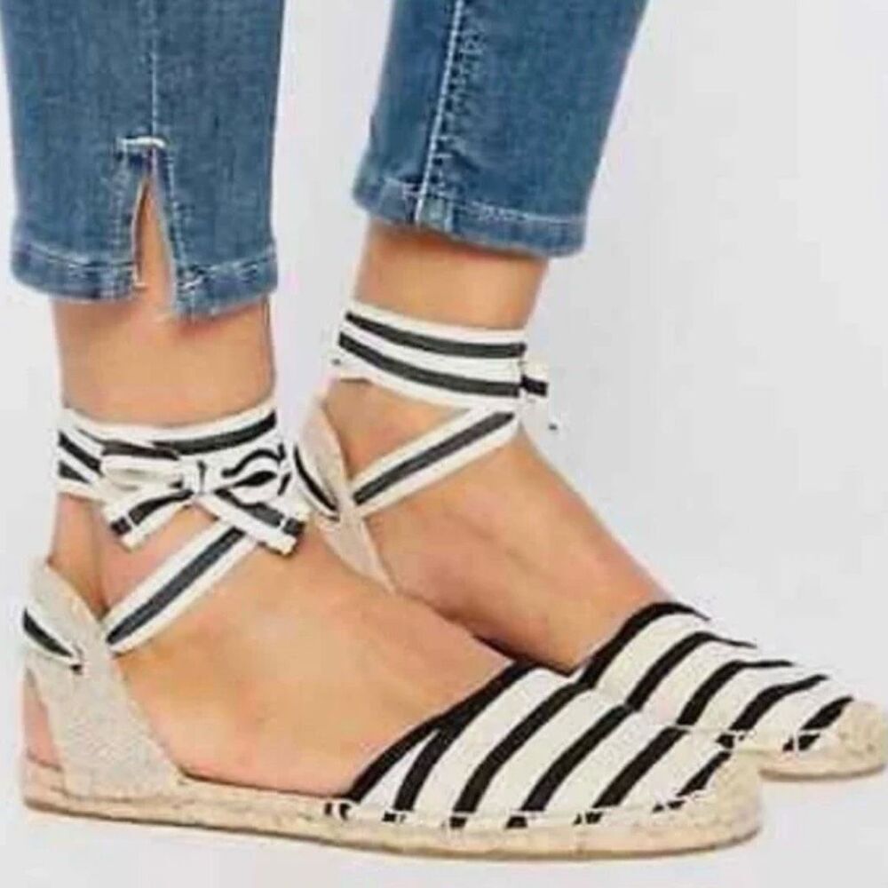 SOLUDOS |‎ Striped Lace Up Canvas Espadrilles Flats Navy Natural Cream | Size 7